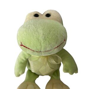 Vintage Plush Frog Toy‎ With Bow Soft Green & Yellow Adorable!